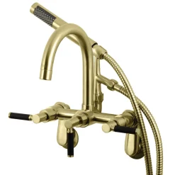 Kingston Brass Aqua Vintage AE8157DKL Kaiser 3-Handle 7-Inch Adjustable Wall Mount Clawfoot Tub Faucet with Hand Shower in Brushed Brass