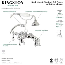 Kingston Brass Aqua Vintage 3-3/8-Inch Adjustable Deck Mount Tub Faucet with Hand Shower in Polished Chrome