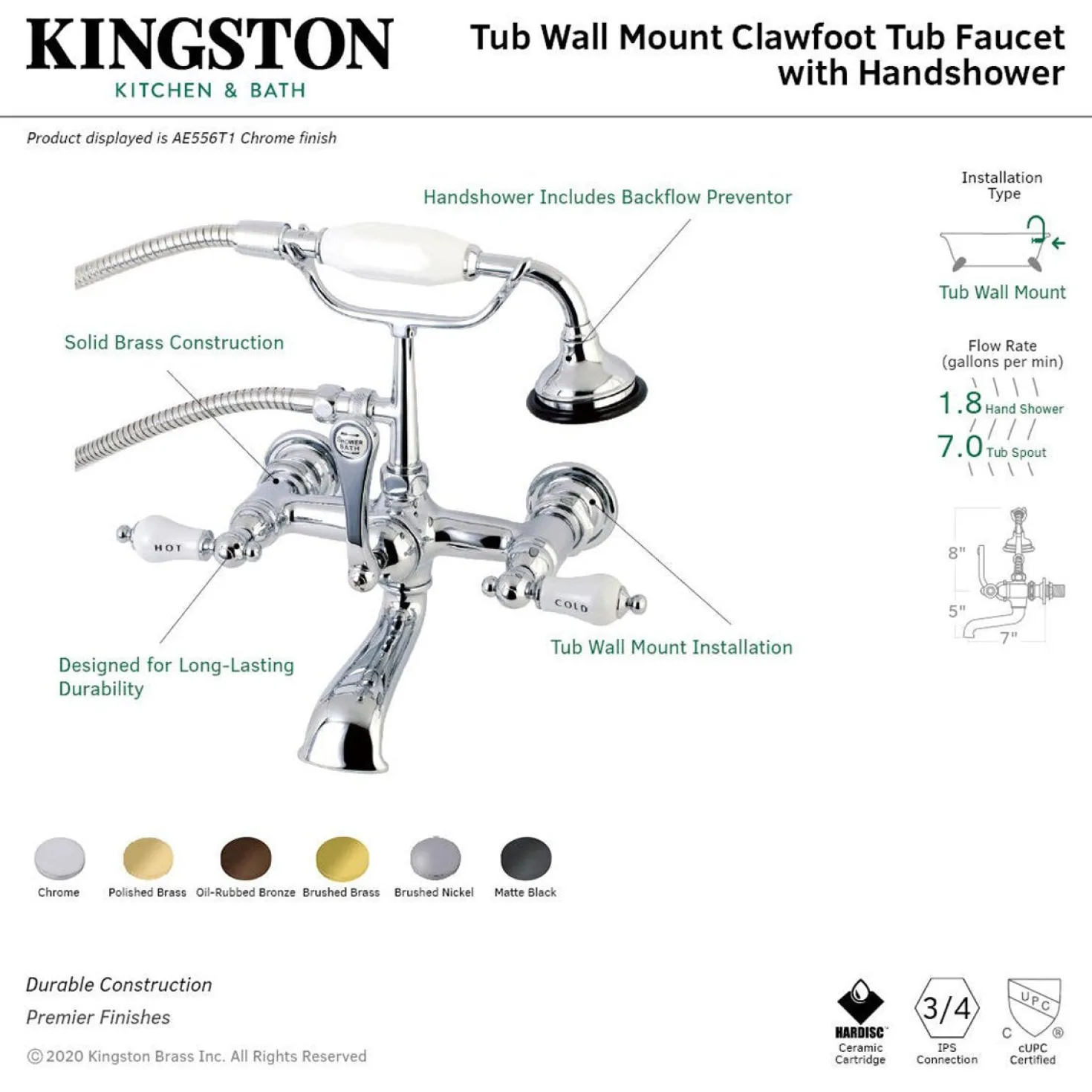 Kingston Brass Aqua Vintage Wall Mount Tub Faucet with Hand Shower