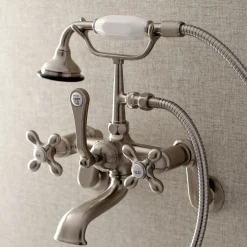 Kingston Brass Aqua Vintage Wall Mount 2-Hole Clawfoot Tub Faucet with Hand Shower