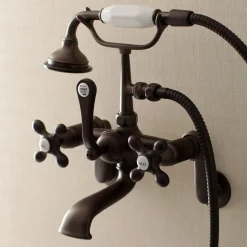 Kingston Brass Aqua Vintage Wall Mount 2-Hole Clawfoot Tub Faucet with Hand Shower