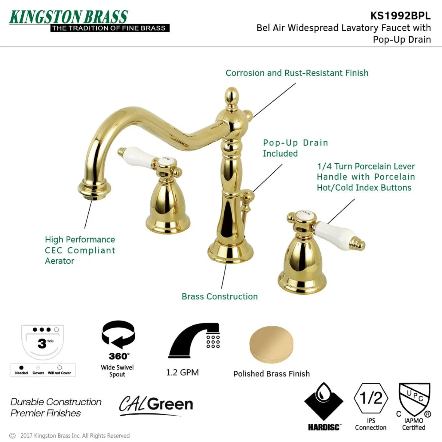 Kingston Brass Bel-Air Deck Mount 8" Widespread 3-Hole Bathroom Faucet