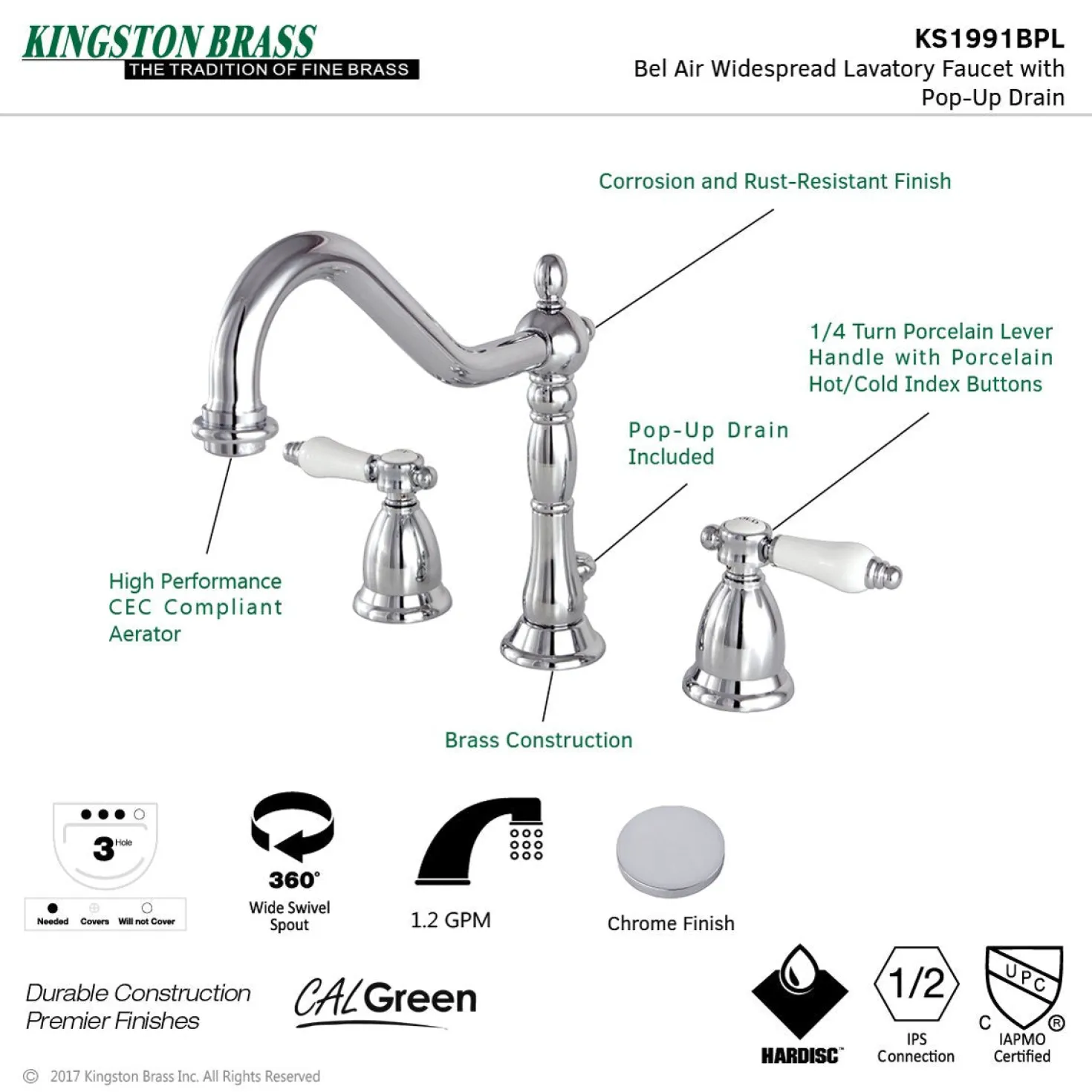 Kingston Brass Bel-Air Deck Mount 8" Widespread 3-Hole Bathroom Faucet