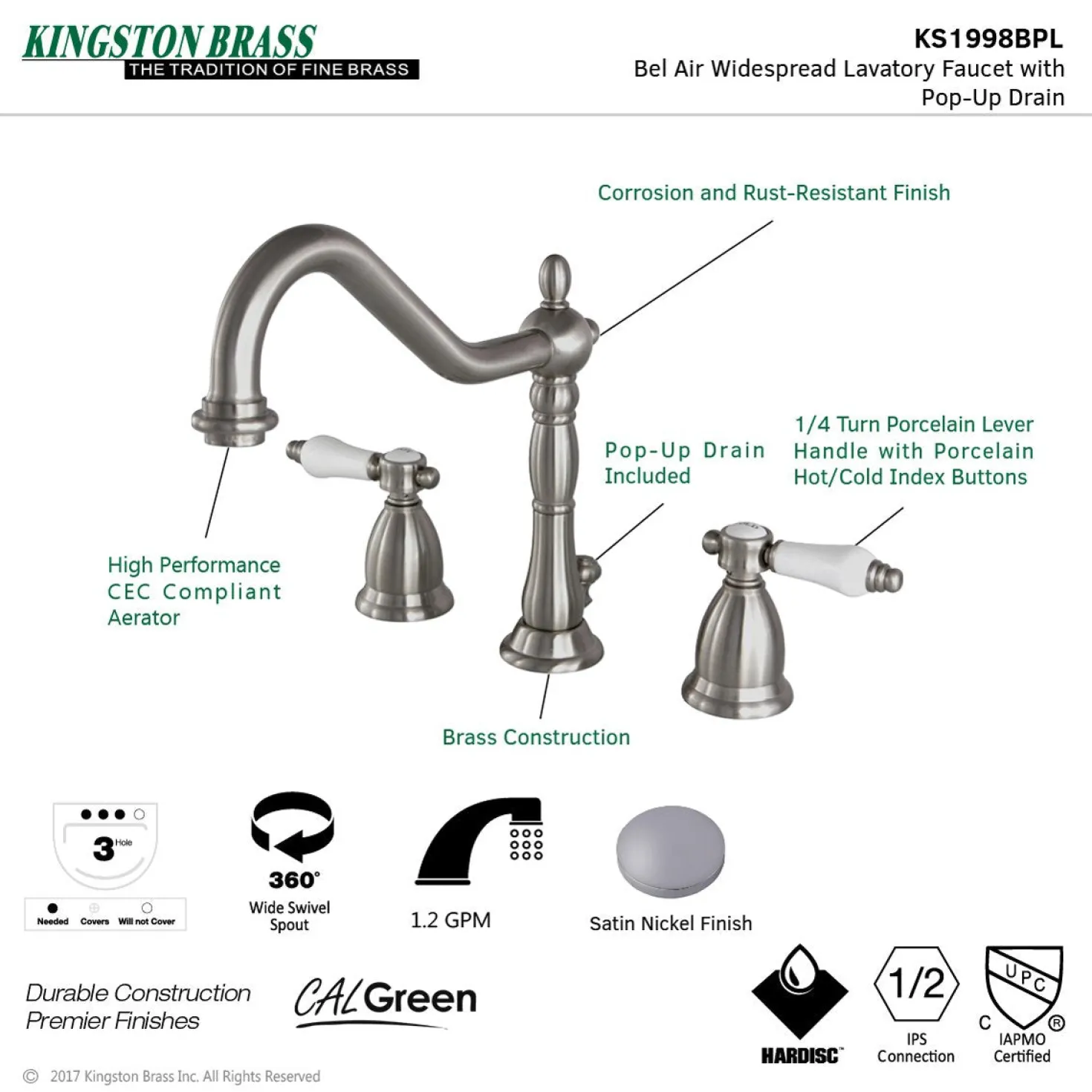 Kingston Brass Bel-Air Deck Mount 8" Widespread 3-Hole Bathroom Faucet