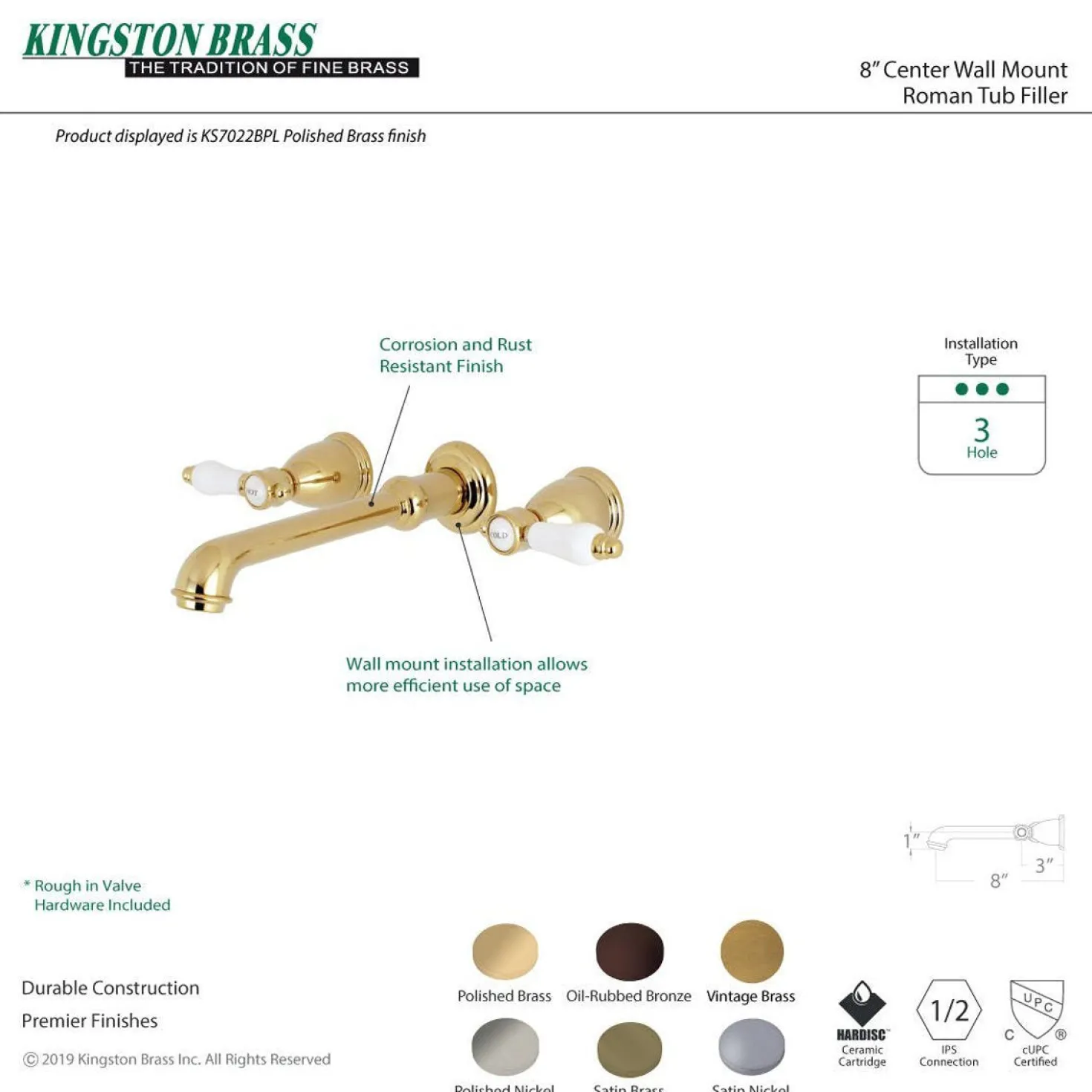 Kingston Brass Bel-Air 2-Handle Wall Mount Roman Tub Faucet
