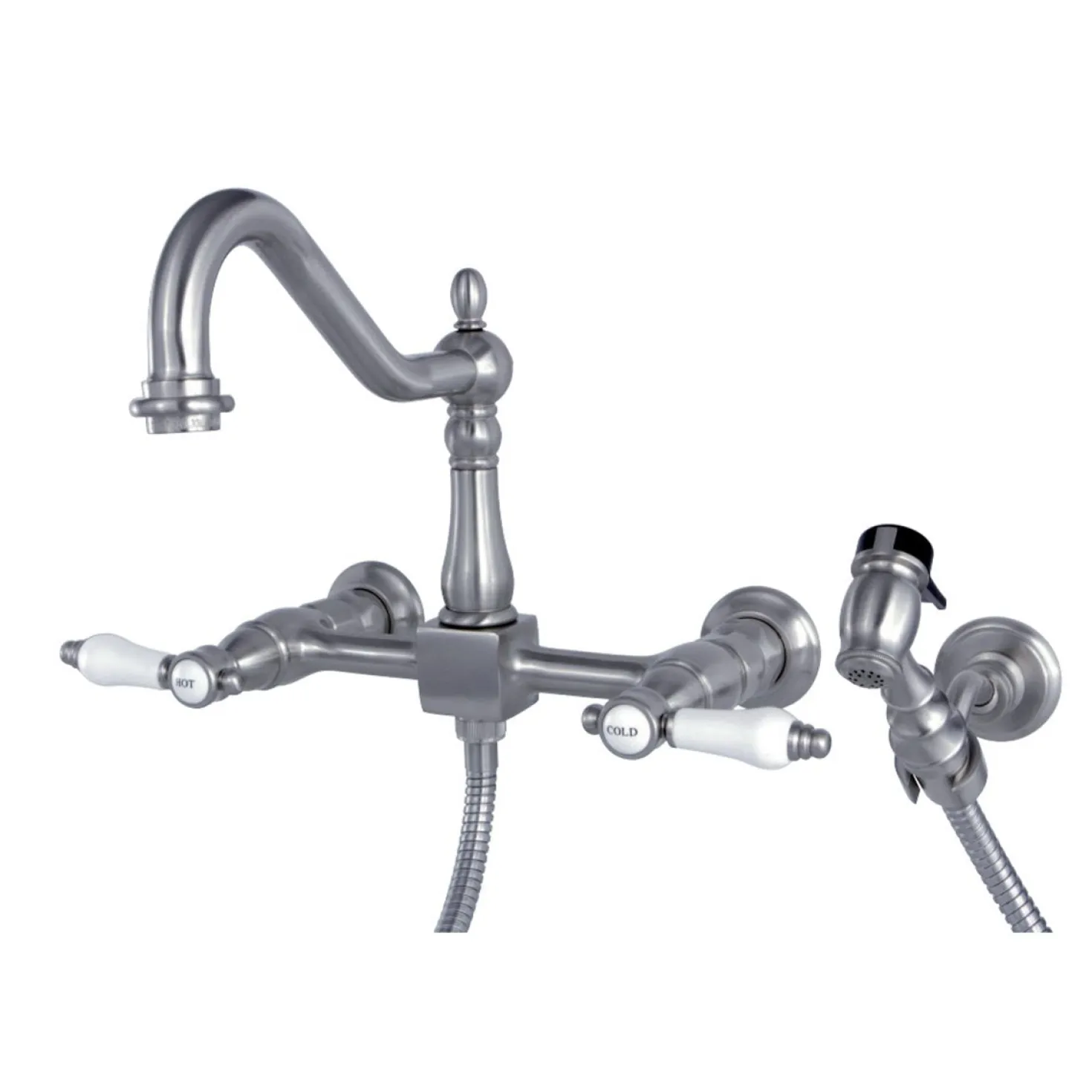 Kingston Brass Bel-Air 8-Inch Centerset Wall Mount Kitchen Faucet with Brass Sprayer