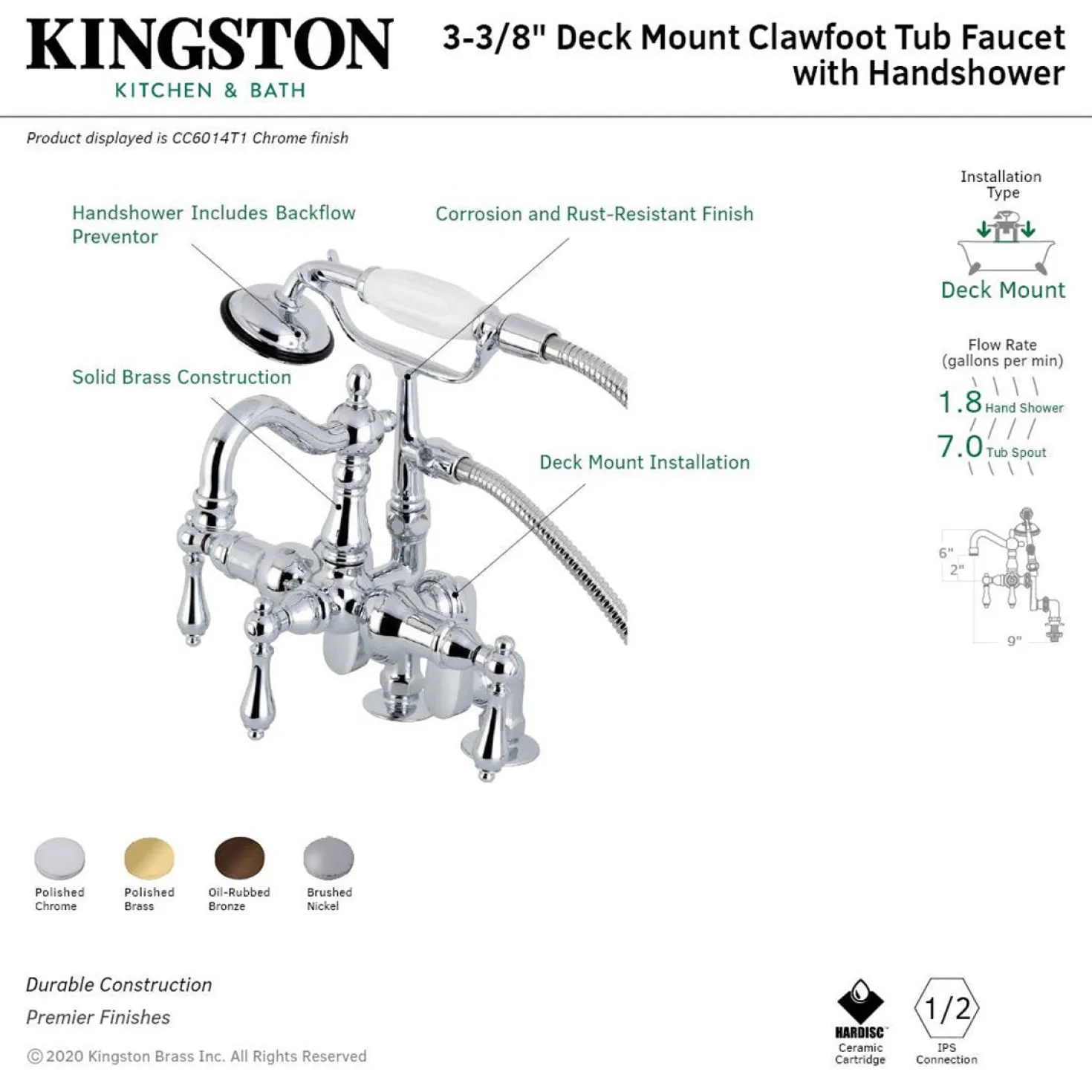 Kingston Brass CC6013TX-P Vintage Clawfoot Tub Faucet with Hand Shower