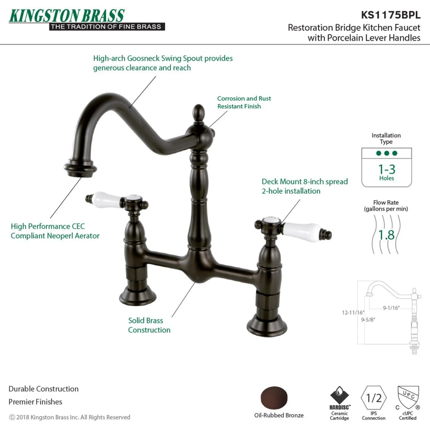 Kingston Brass 8" Centerset Kitchen Faucet Less Sprayer