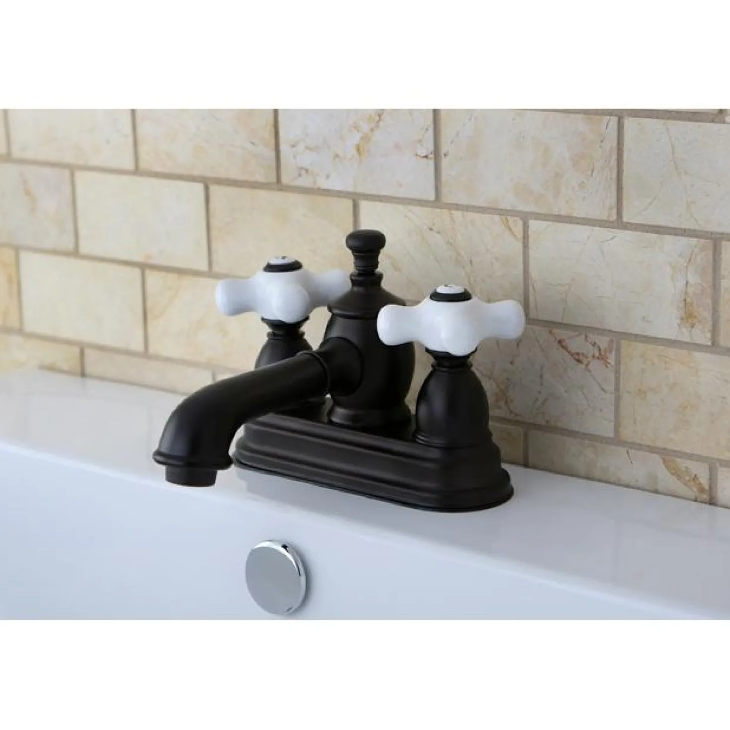 Kingston Brass 4" Centerset Lavatory Faucet with Heritage Spout and Porcelain Cross Handle
