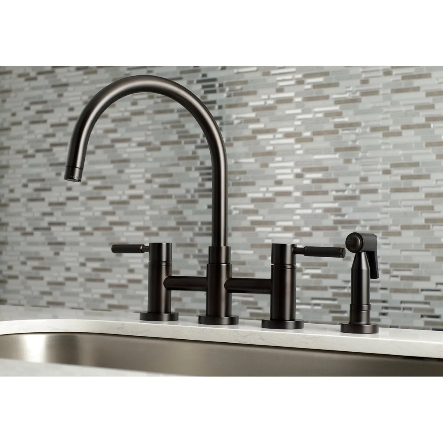 Kingston Brass Concord Two-Handle Bridge Kitchen Faucet with Brass Side Sprayer
