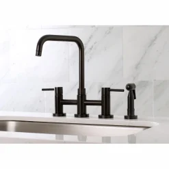Kingston Brass Concord Two-Handle Deck Mount Bridge Kitchen Faucet with Brass Side Sprayer