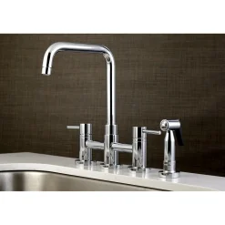Kingston Brass Concord Two-Handle Deck Mount Bridge Kitchen Faucet with Brass Side Sprayer