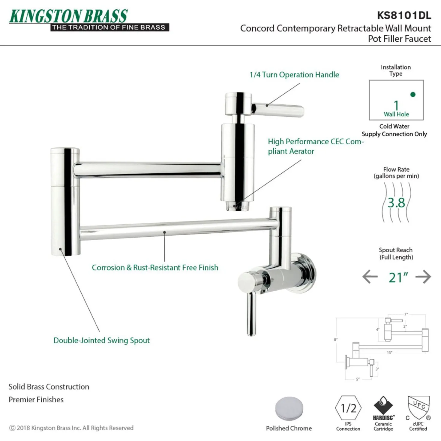 Kingston Brass Concord Wall Mount Single Hole Pot Filler Kitchen Faucet