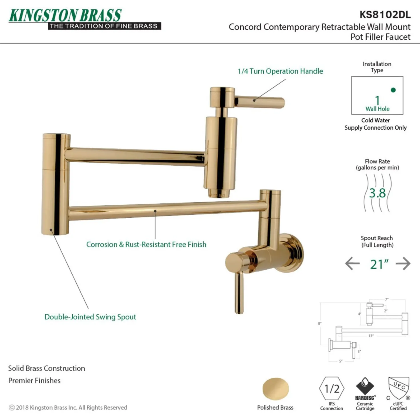Kingston Brass Concord Wall Mount Single Hole Pot Filler Kitchen Faucet