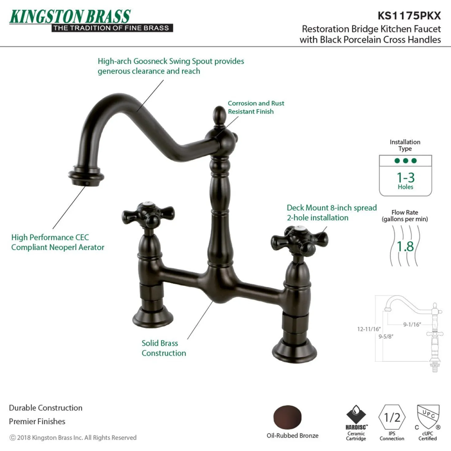 Kingston Brass Duchess 2-Hole 8" Centerset Kitchen Faucet Less Sprayer