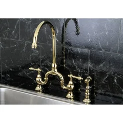 Kingston Brass English Country Deck Mount Kitchen Bridge Faucet with Brass Sprayer