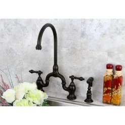 Kingston Brass English Country Deck Mount Kitchen Bridge Faucet with Brass Sprayer