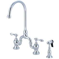 Kingston Brass English Country Deck Mount Kitchen Bridge Faucet with Brass Sprayer