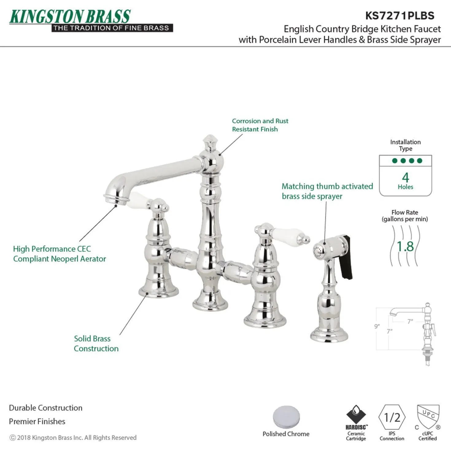 Kingston Brass English Country 4-Hole 8" Bridge Kitchen Faucet with Sprayer