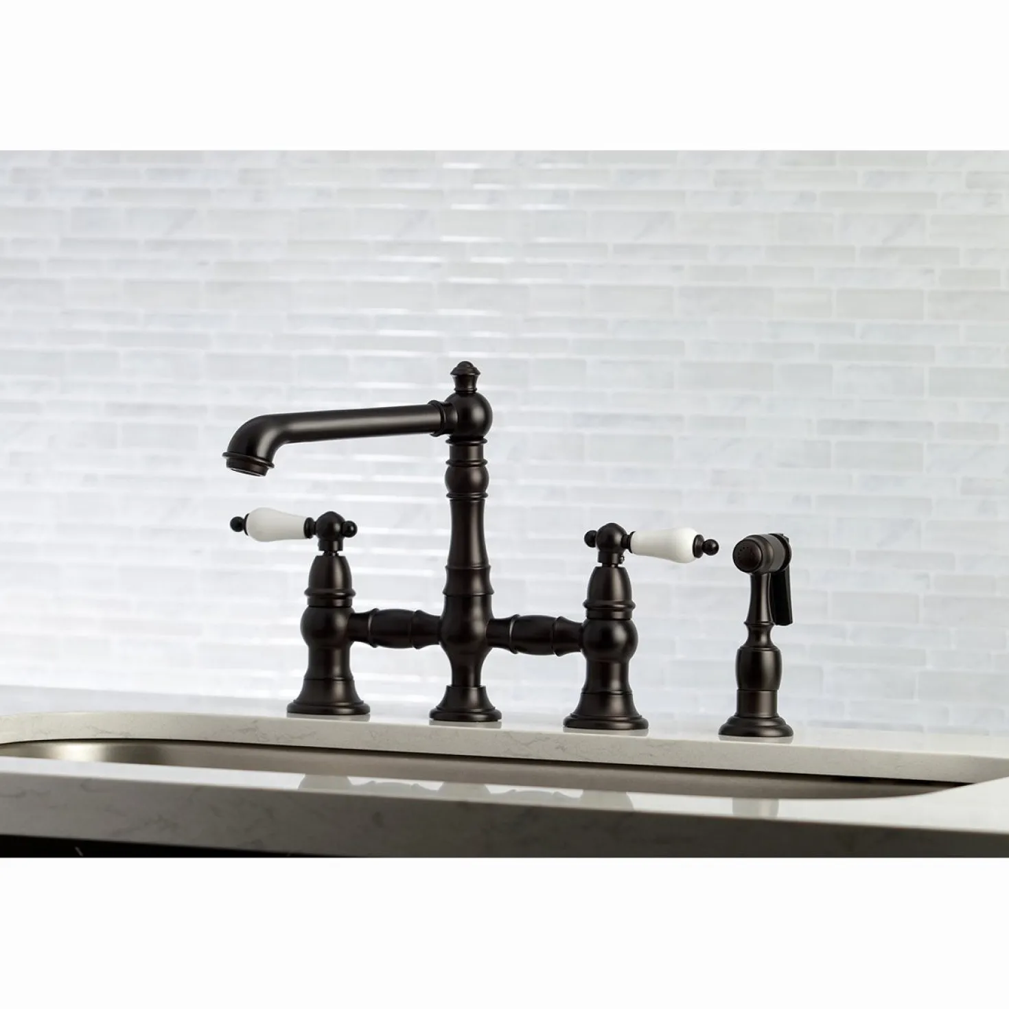Kingston Brass English Country 4-Hole 8" Bridge Kitchen Faucet with Sprayer