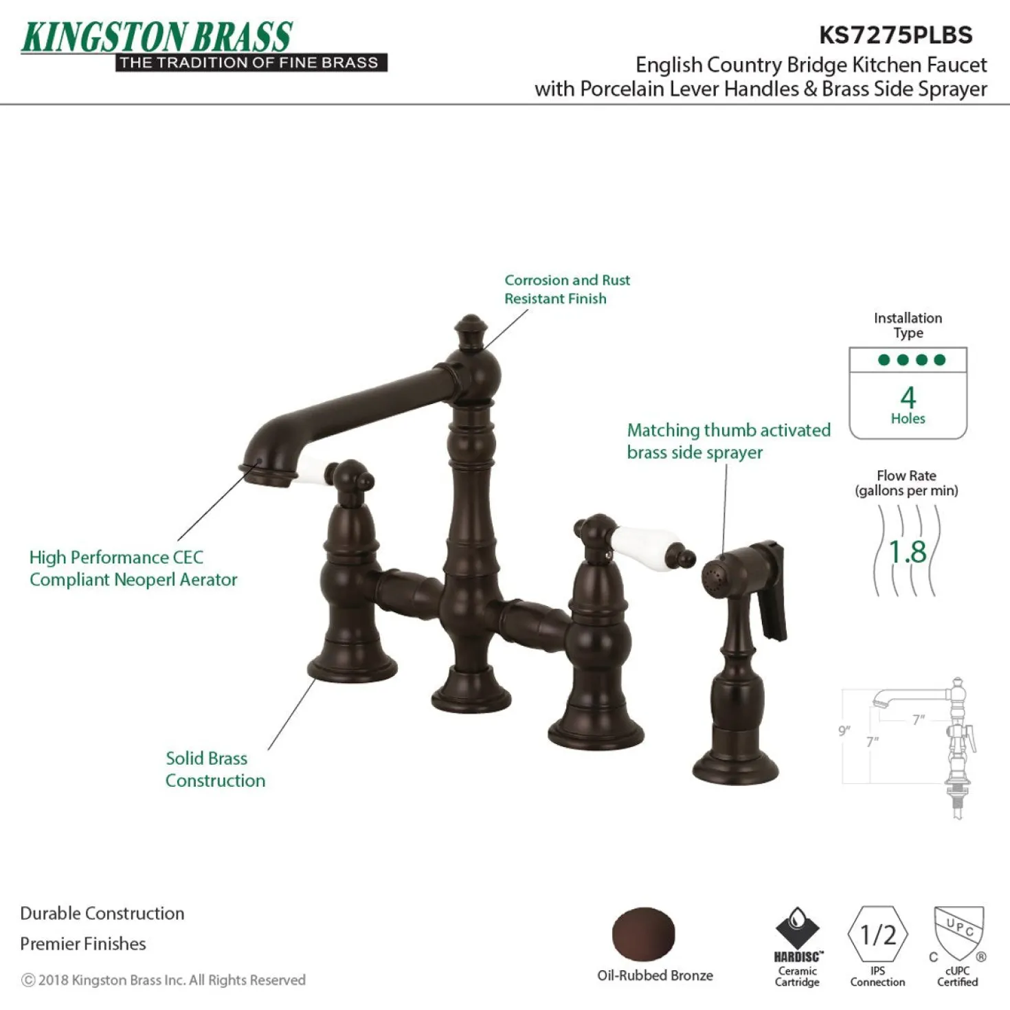 Kingston Brass English Country 4-Hole 8" Bridge Kitchen Faucet with Sprayer