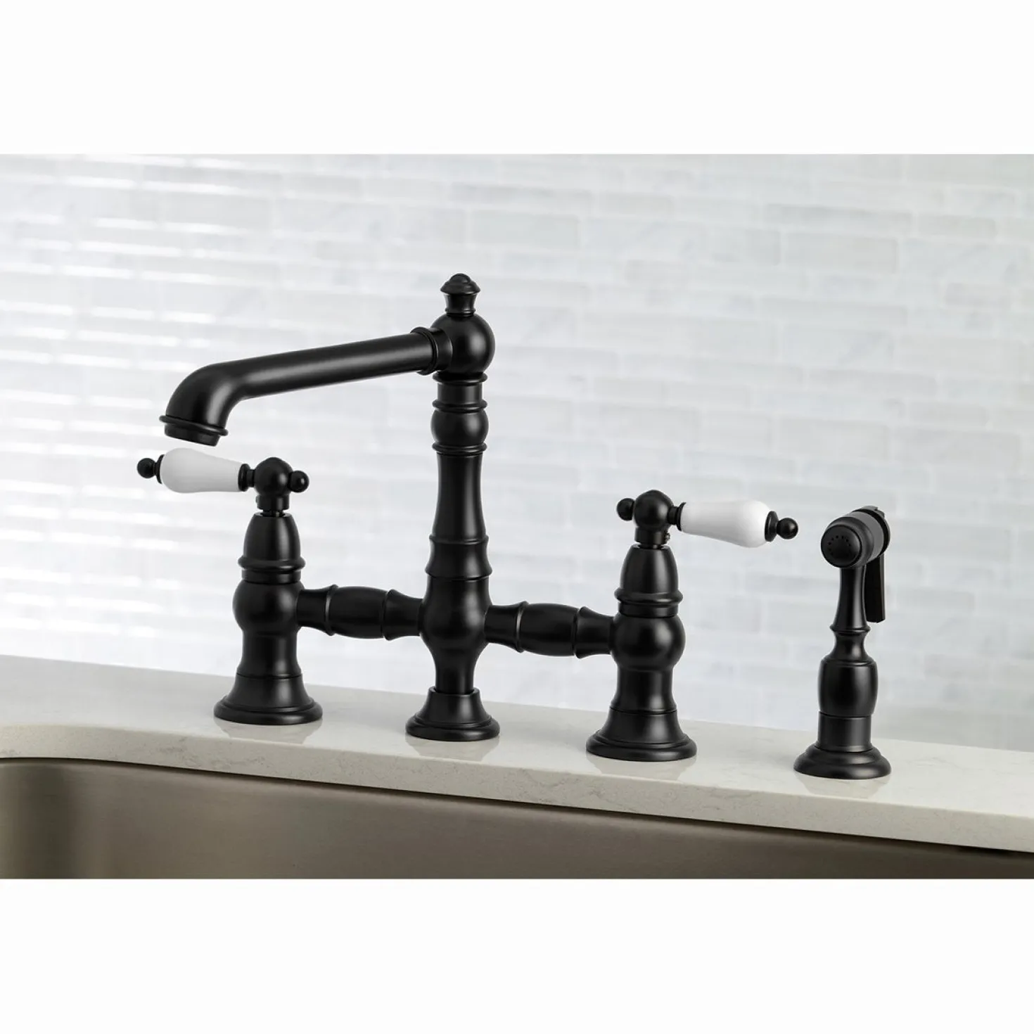 Kingston Brass English Country 4-Hole 8" Bridge Kitchen Faucet with Sprayer