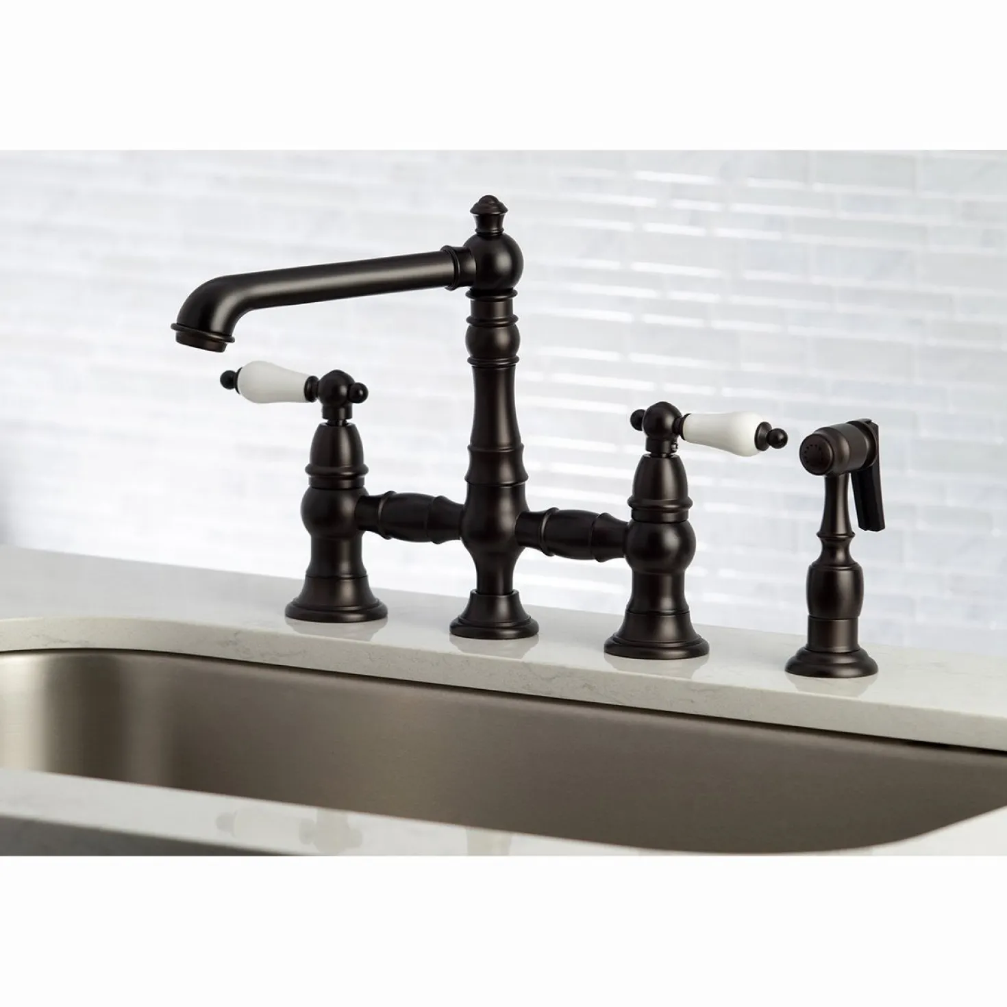 Kingston Brass English Country 4-Hole 8" Bridge Kitchen Faucet with Sprayer