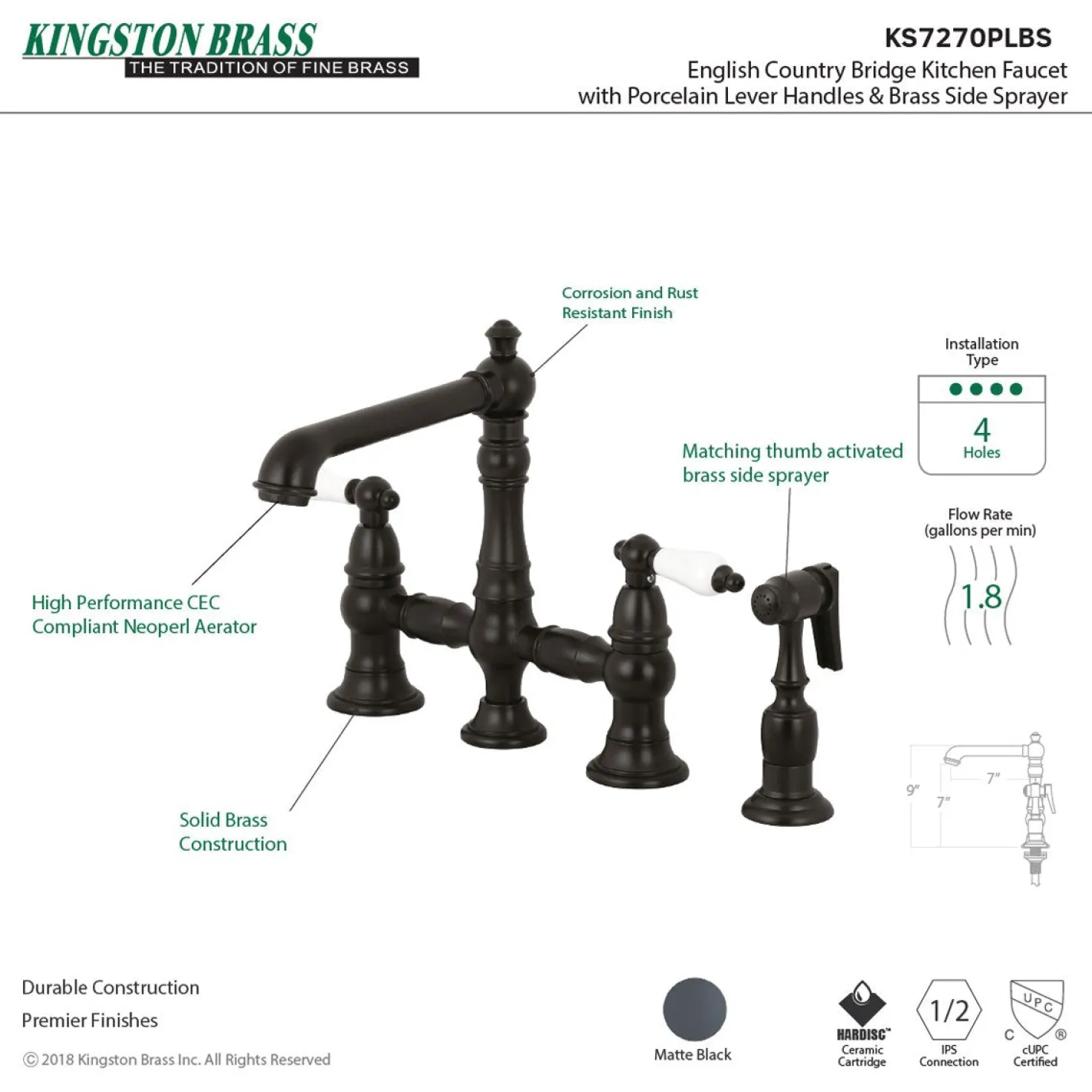 Kingston Brass English Country 4-Hole 8" Bridge Kitchen Faucet with Sprayer
