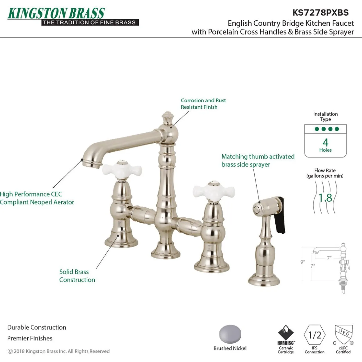 Kingston Brass English Country 8" Bridge 4-Hole Kitchen Faucet with Sprayer