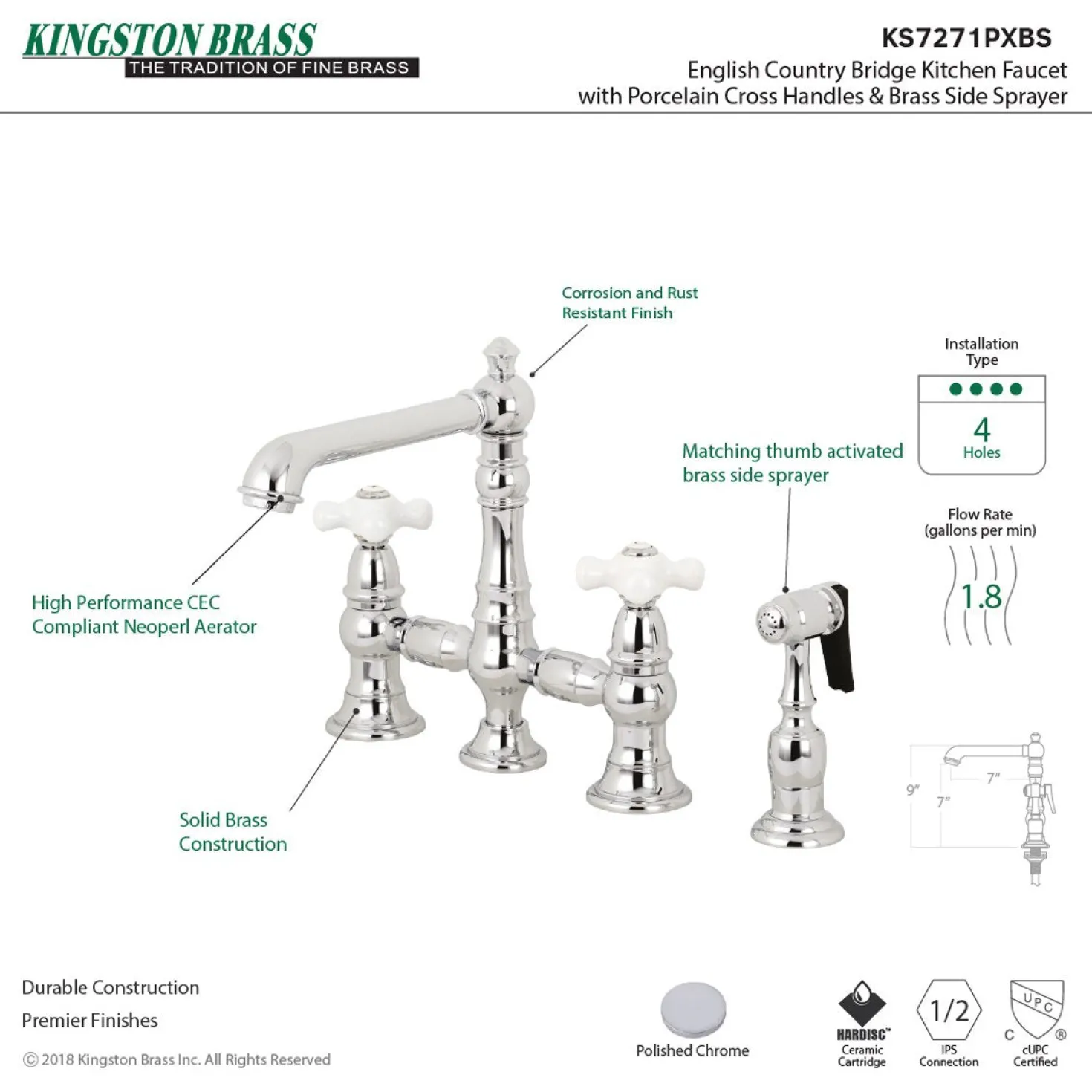 Kingston Brass English Country 8" Bridge 4-Hole Kitchen Faucet with Sprayer