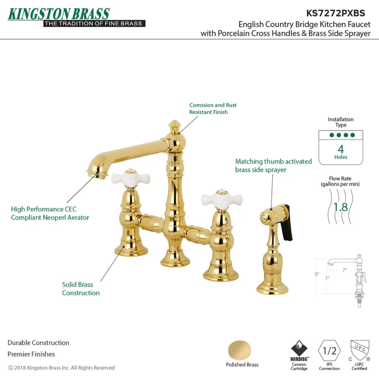 Kingston Brass English Country 8" Bridge 4-Hole Kitchen Faucet with Sprayer
