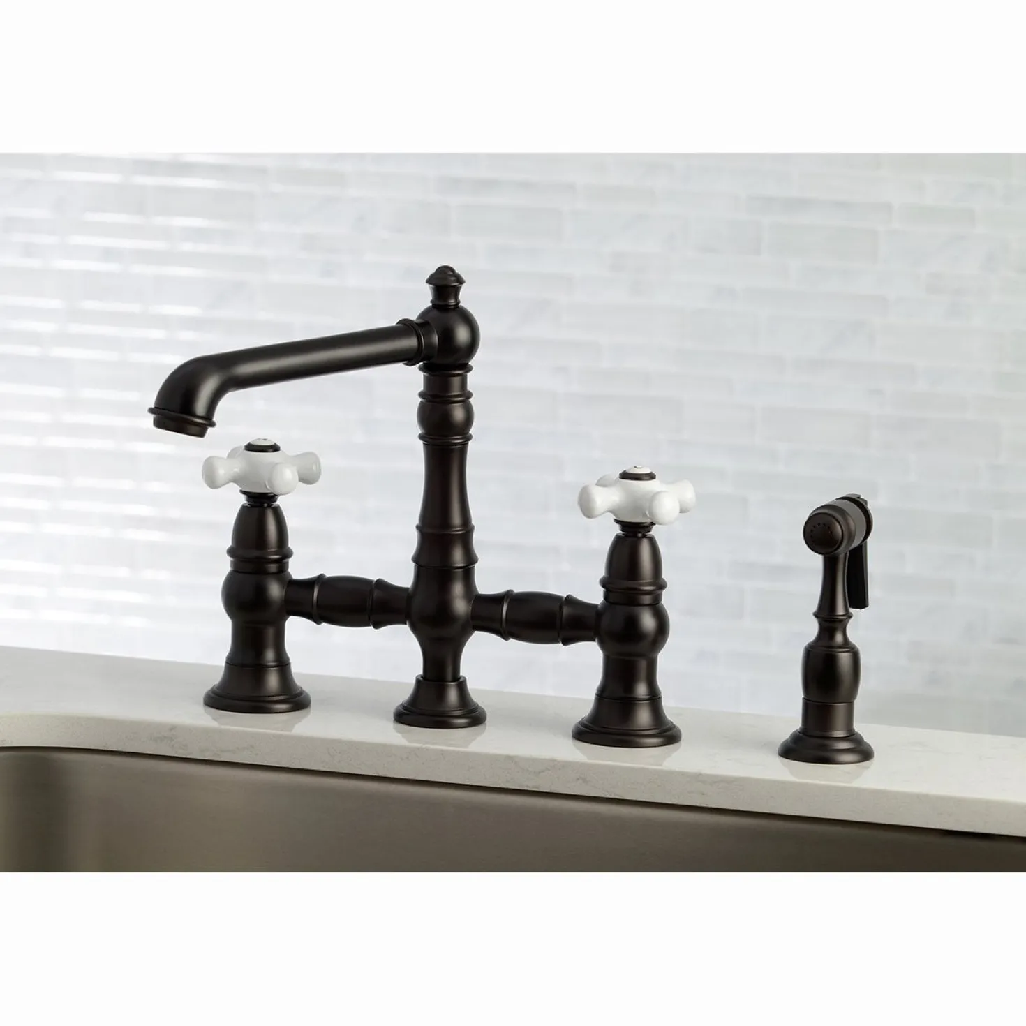 Kingston Brass English Country 8" Bridge 4-Hole Kitchen Faucet with Sprayer