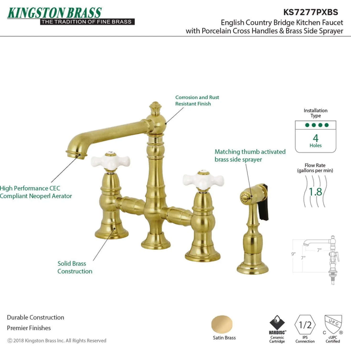 Kingston Brass English Country 8" Bridge 4-Hole Kitchen Faucet with Sprayer