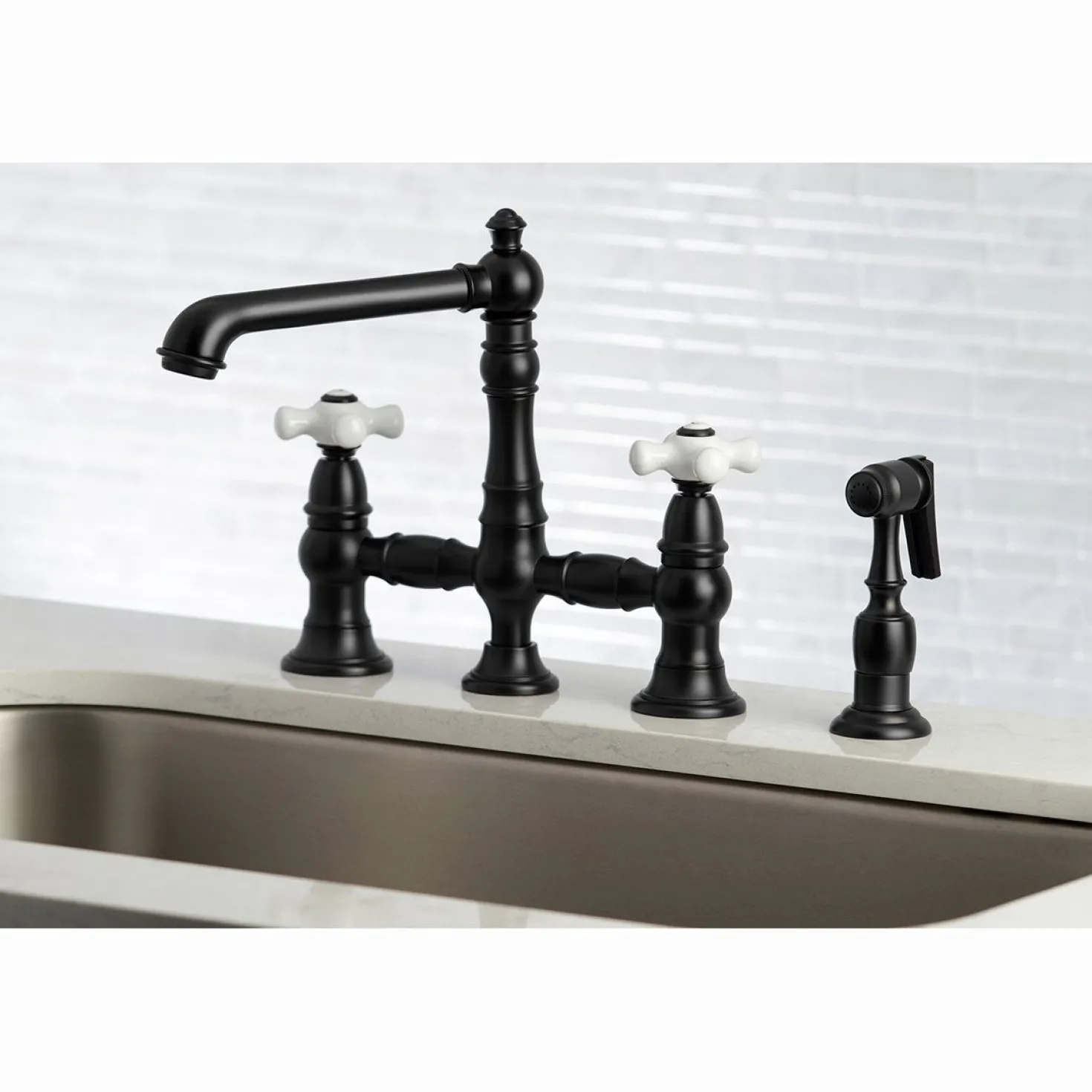 Kingston Brass English Country 8" Bridge 4-Hole Kitchen Faucet with Sprayer