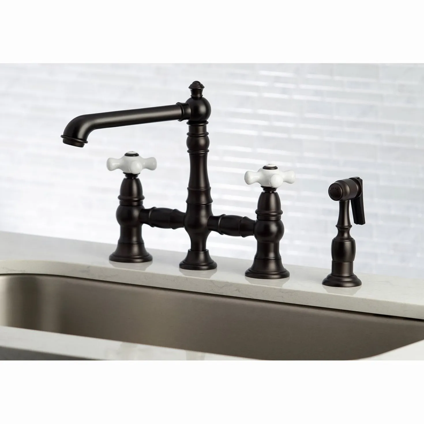 Kingston Brass English Country 8" Bridge 4-Hole Kitchen Faucet with Sprayer