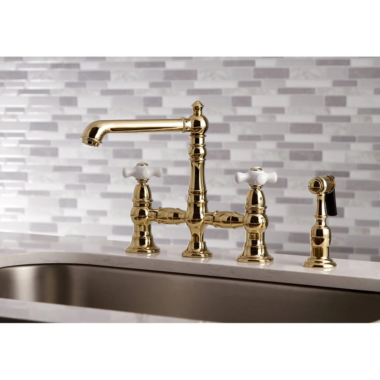 Kingston Brass English Country 8" Bridge 4-Hole Kitchen Faucet with Sprayer