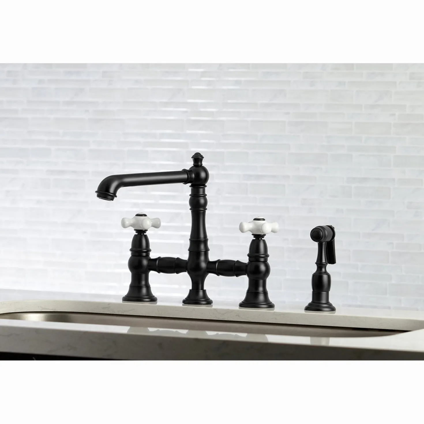 Kingston Brass English Country 8" Bridge 4-Hole Kitchen Faucet with Sprayer