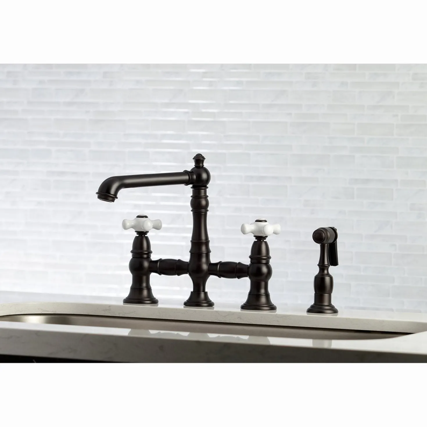 Kingston Brass English Country 8" Bridge 4-Hole Kitchen Faucet with Sprayer