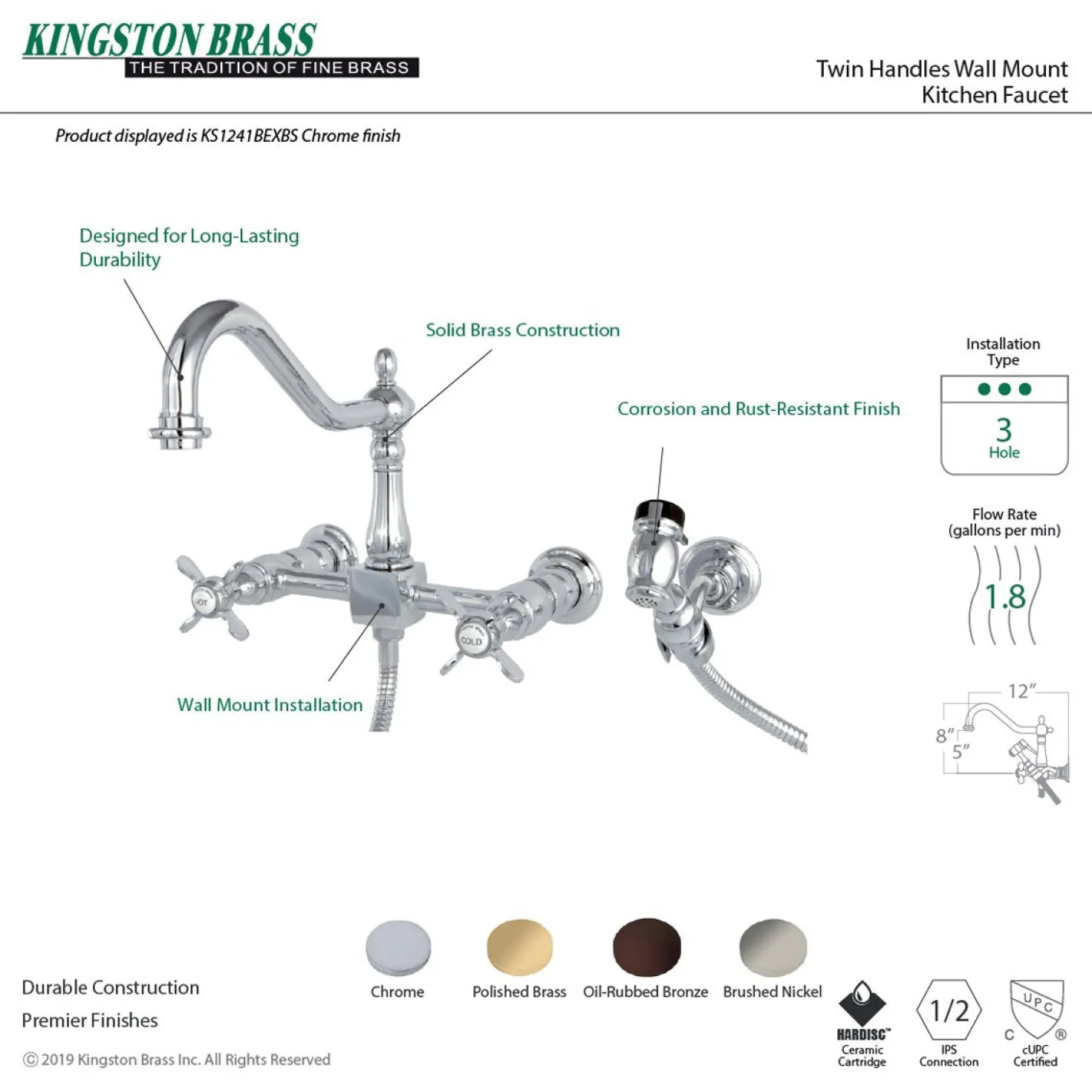 Kingston Brass Essex 8-Inch Centerset Wall Mount Kitchen Faucet with Brass Sprayer