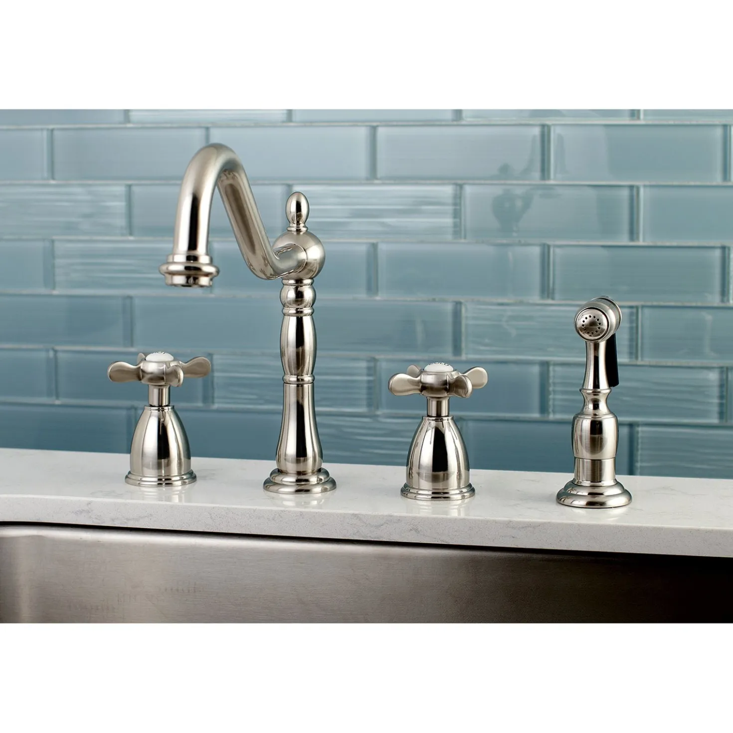 Kingston Brass Essex 8" to 16" Widespread Kitchen Faucet with Brass Sprayer