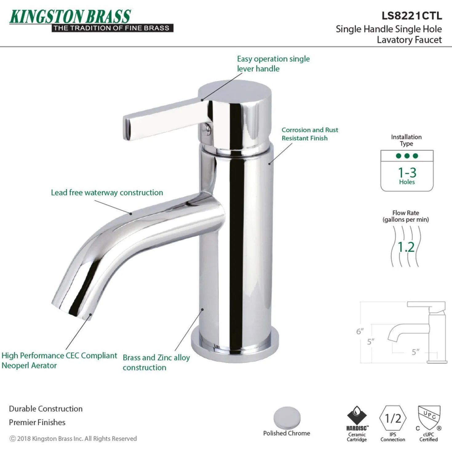 Kingston Brass Fauceture Continental Single-Handle Single Hole Bathroom Faucet