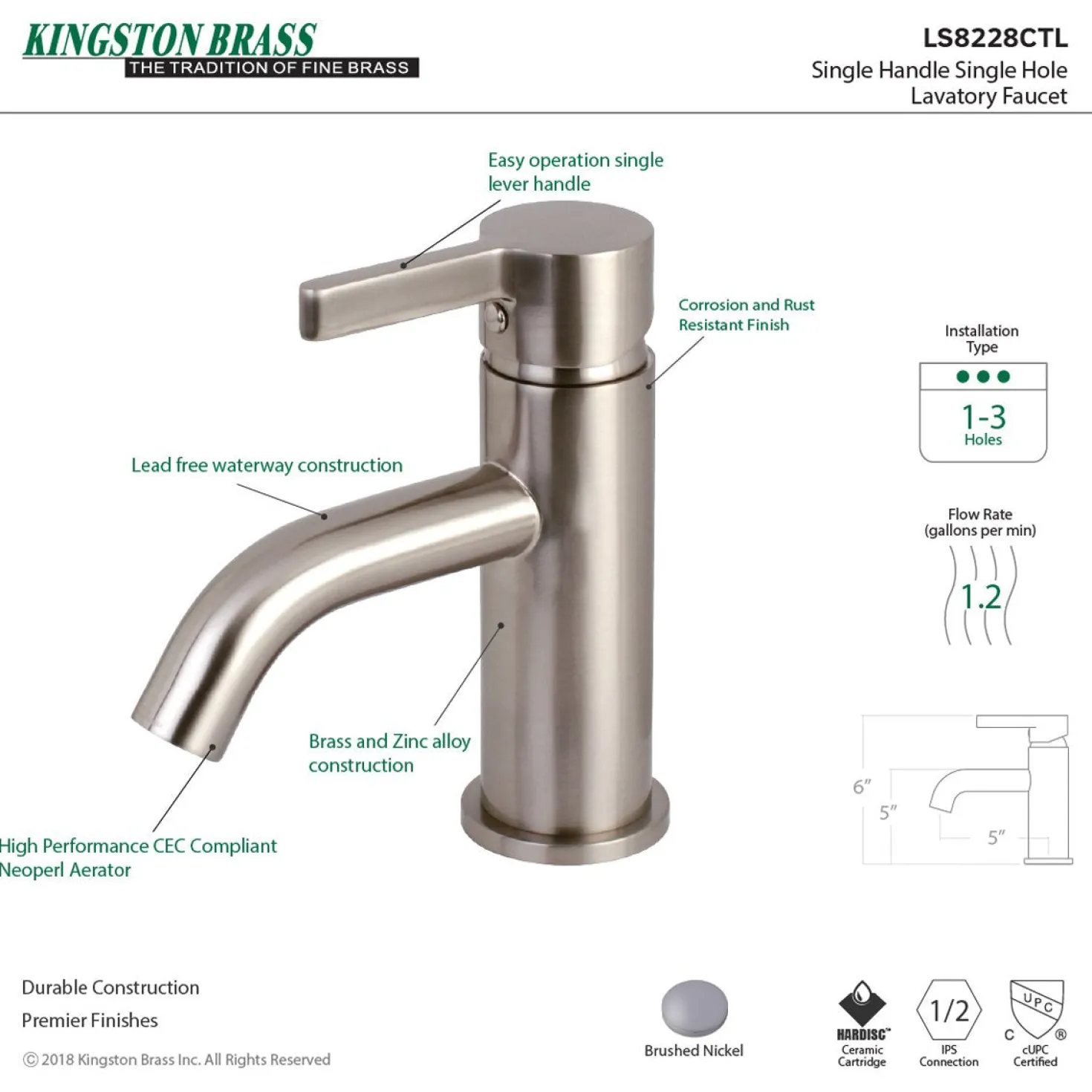 Kingston Brass Fauceture Continental Single-Handle Single Hole Bathroom Faucet