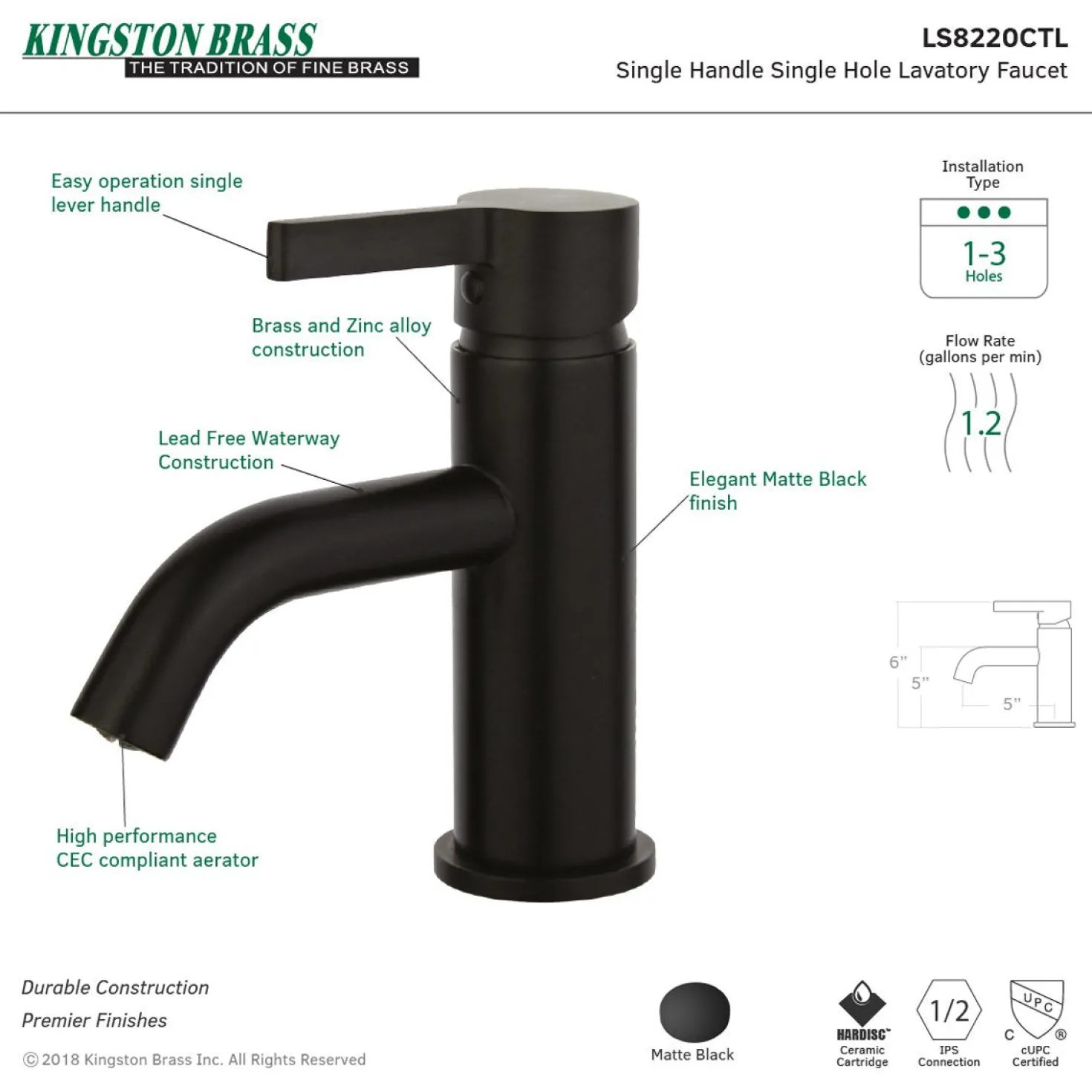 Kingston Brass Fauceture Continental Single-Handle Single Hole Bathroom Faucet