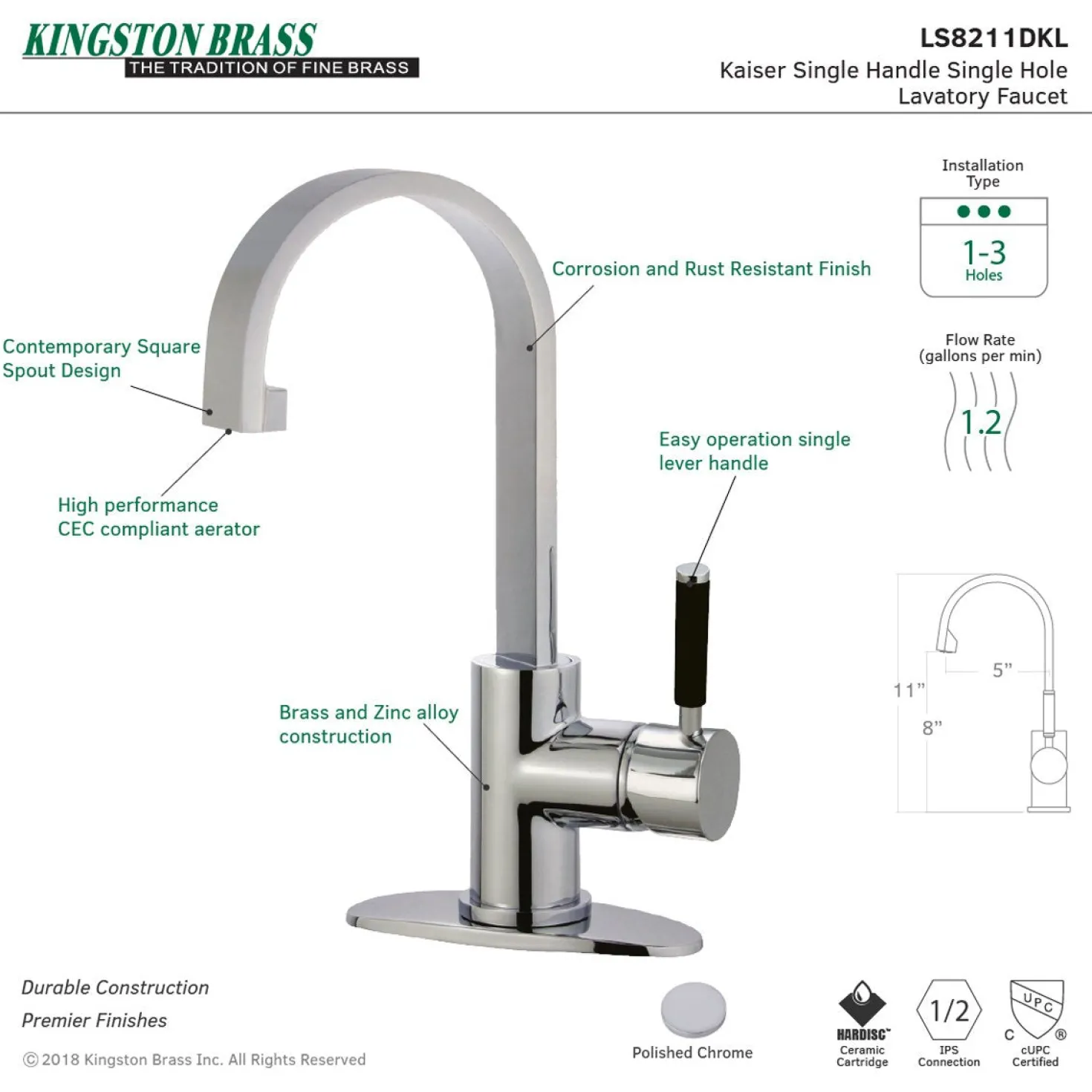 Kingston Brass Fauceture Kaiser Single-Handle Bathroom Faucet with Drain