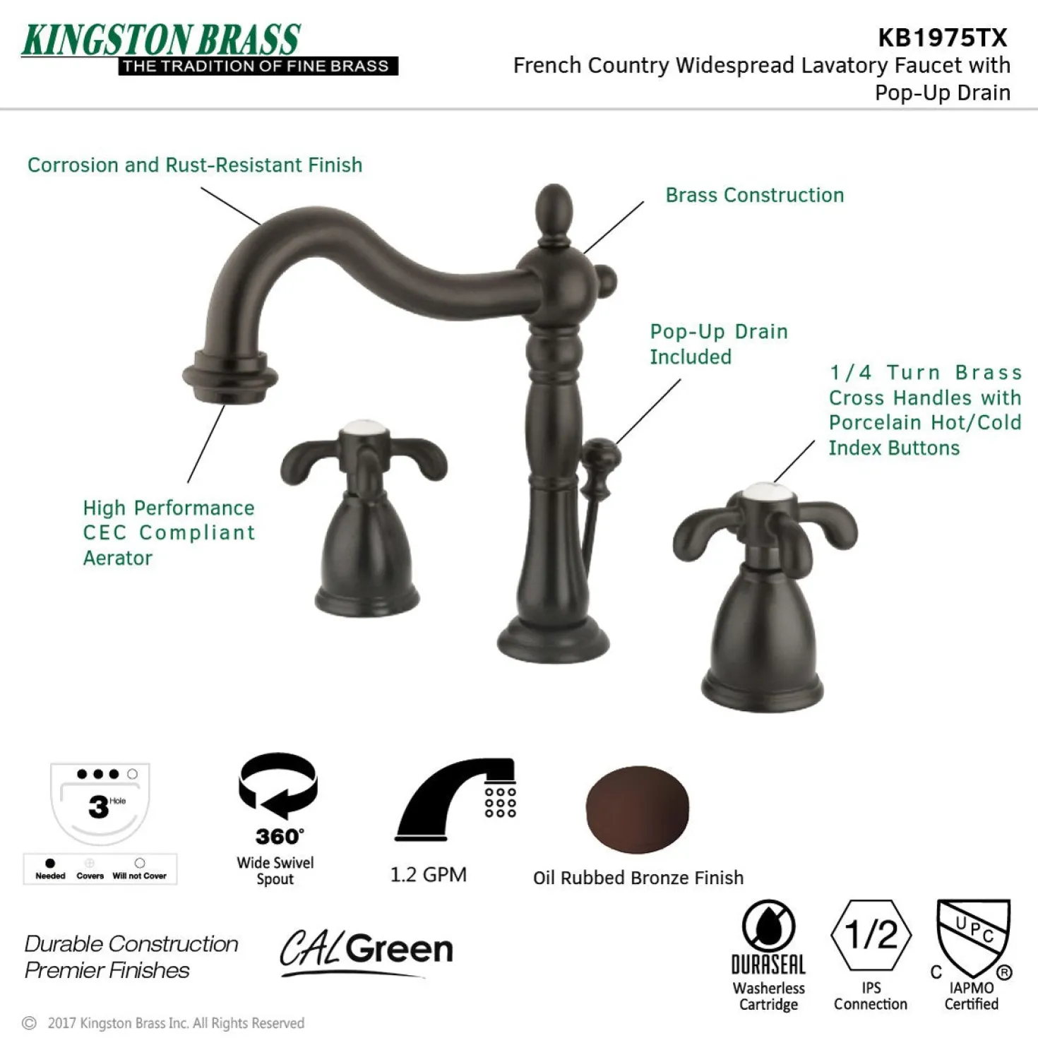 Kingston Brass French Country 8-Inch Widespread Bathroom Faucet
