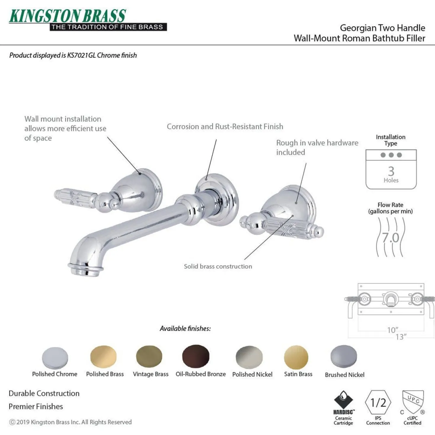 Kingston Brass Georgian 2-Handle Wall Mount Roman Tub Faucet