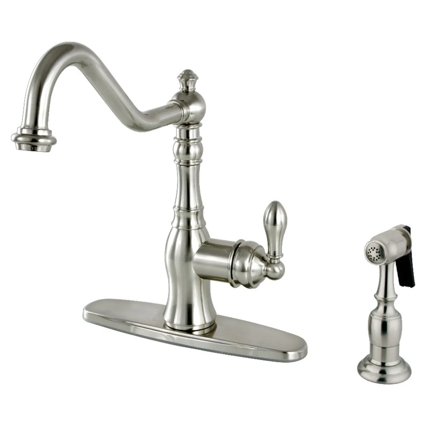 Kingston Brass Gourmetier American Classic Deck Mount Single-Handle Kitchen Faucet with Brass Sprayer