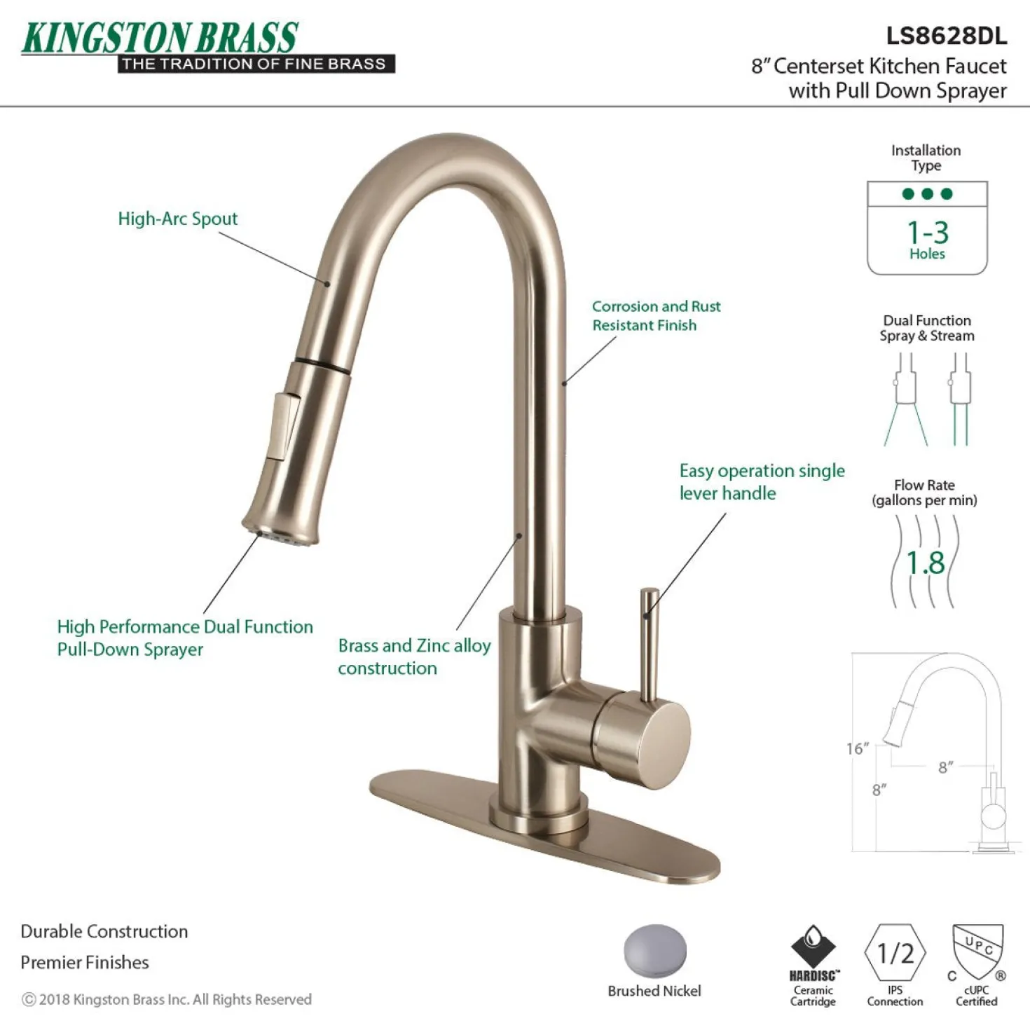 Kingston Brass Gourmetier Concord Single-Handle Kitchen Faucet with Pull-Down Sprayer