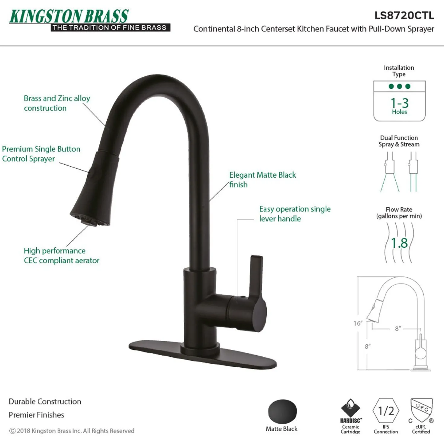 Kingston Brass Gourmetier Continental Deck Mount Single-Handle Pull-Down Kitchen Faucet