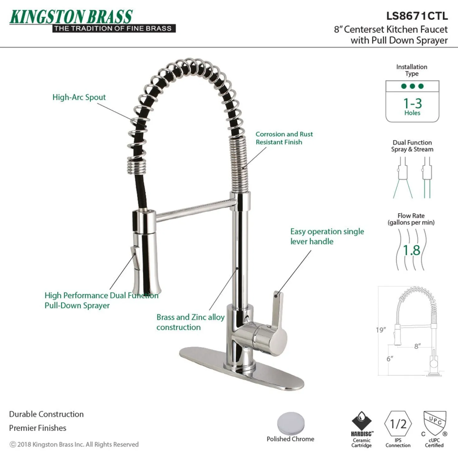 Kingston Brass Gourmetier Continental Single-Handle Pull-Down Kitchen Faucet